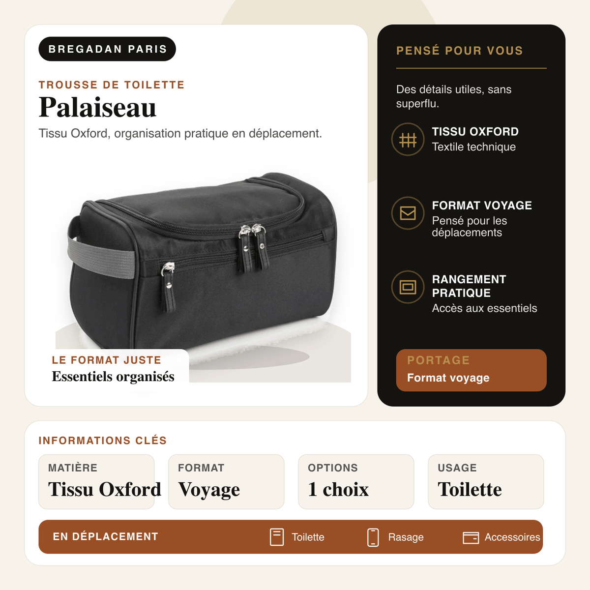 Palaiseau — infographie Bregadan V3 : tissu oxford, organisation pratique en déplacement, matière Tissu Oxford, format