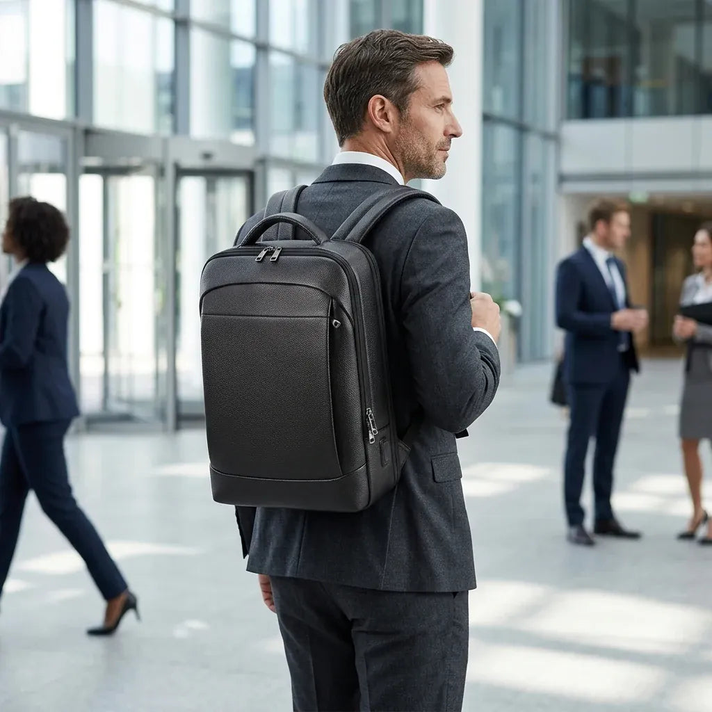 Pantin - Sac à dos en cuir véritable, 15,6 pouces, mise en situation, coloris noir