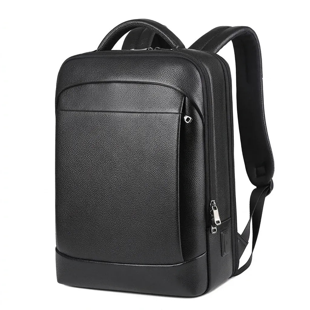 Pantin - Sac à dos en cuir véritable, 15,6 pouces, packshot sur fond blanc, coloris noir