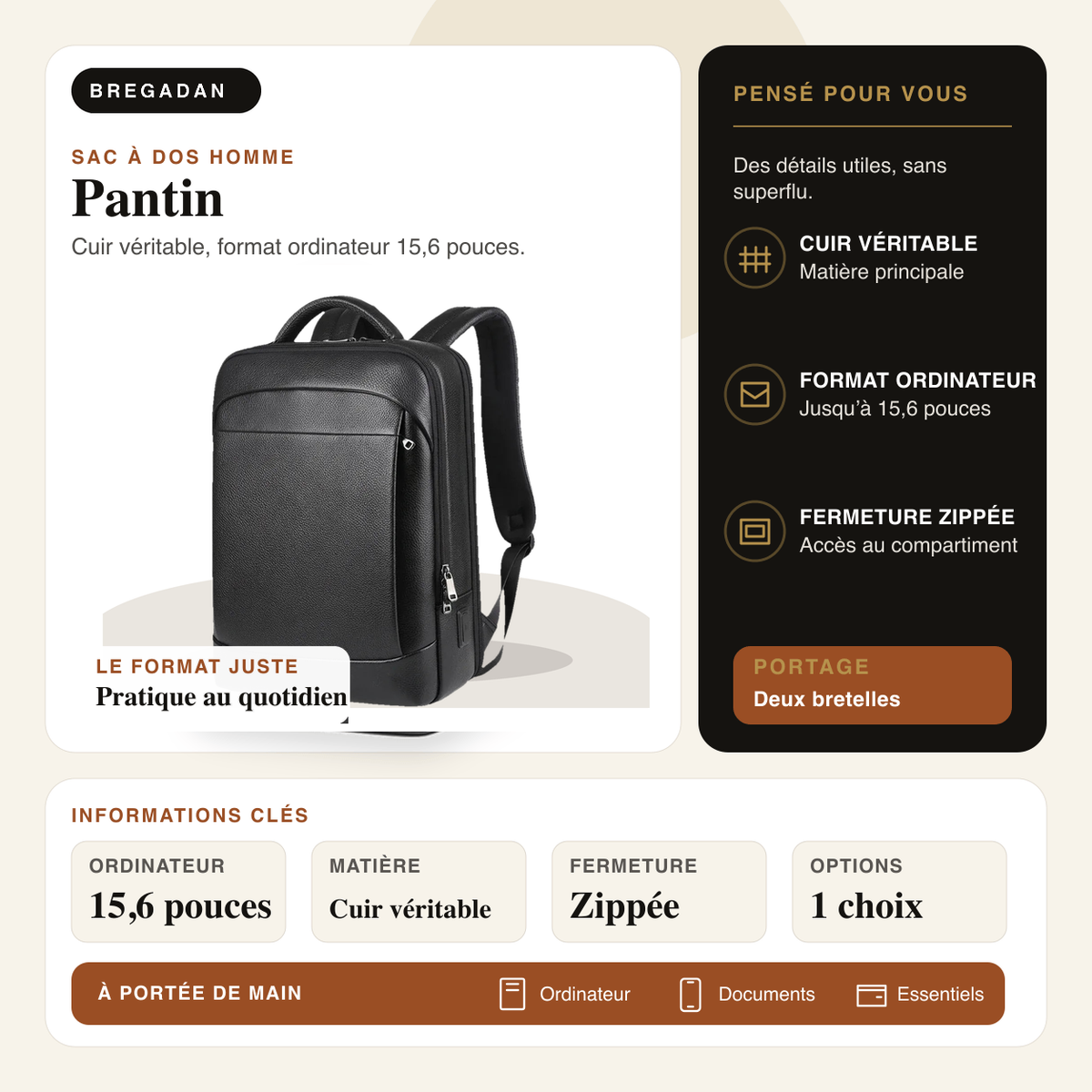 Pantin — infographie Bregadan V3 : sac à dos en cuir véritable pour ordinateur 15,6 pouces, fermeture zippée.