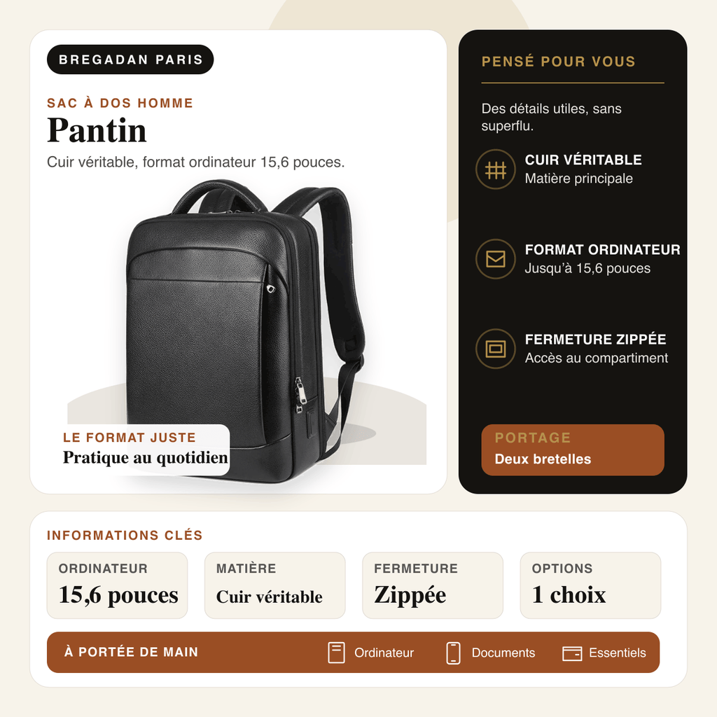 Pantin — infographie Bregadan V3 : sac à dos en cuir véritable pour ordinateur 15,6 pouces, fermeture zippée.