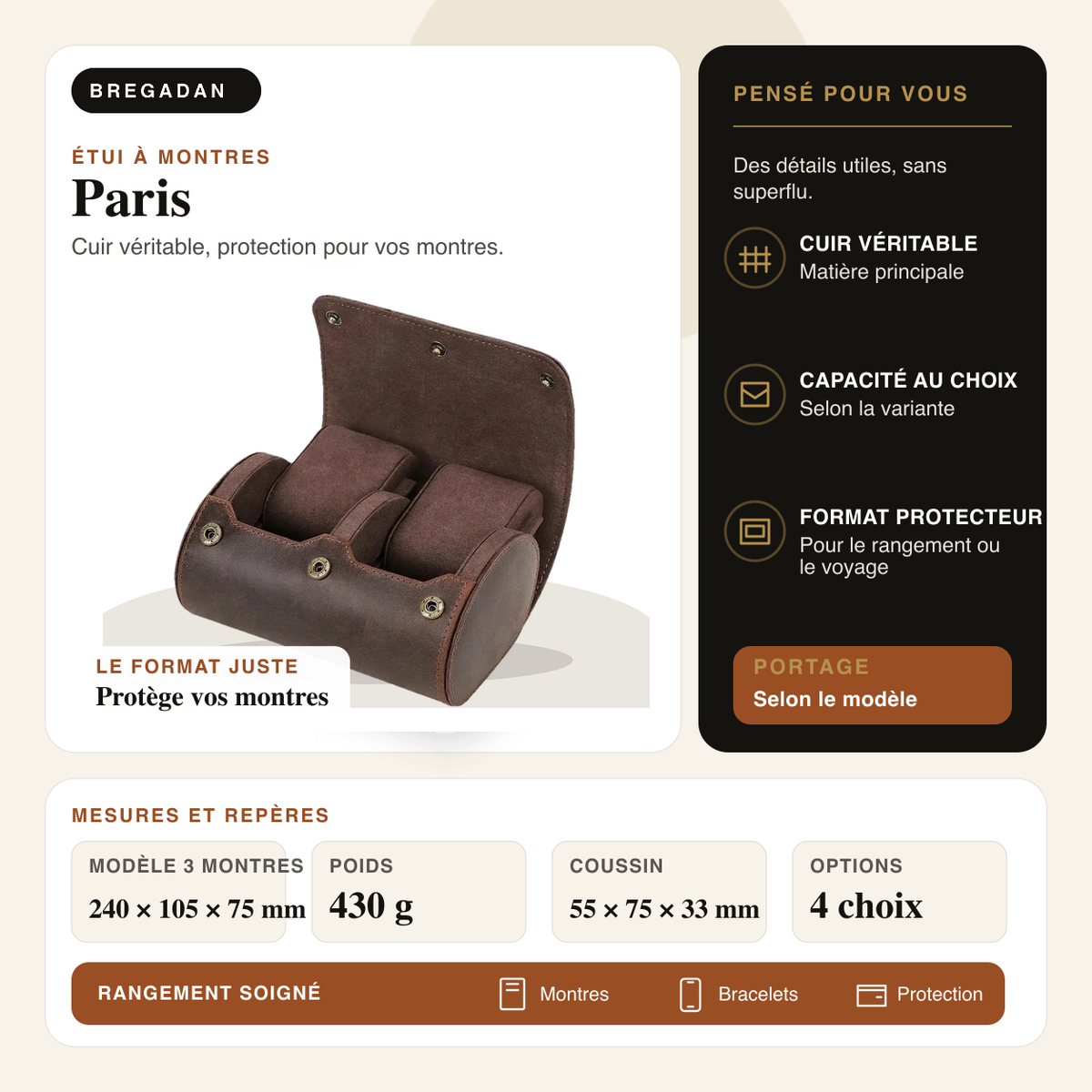 Paris — infographie Bregadan V3 : cuir véritable, protection pour vos montres, modèle 3 montres 240 × 105 × 75 mm