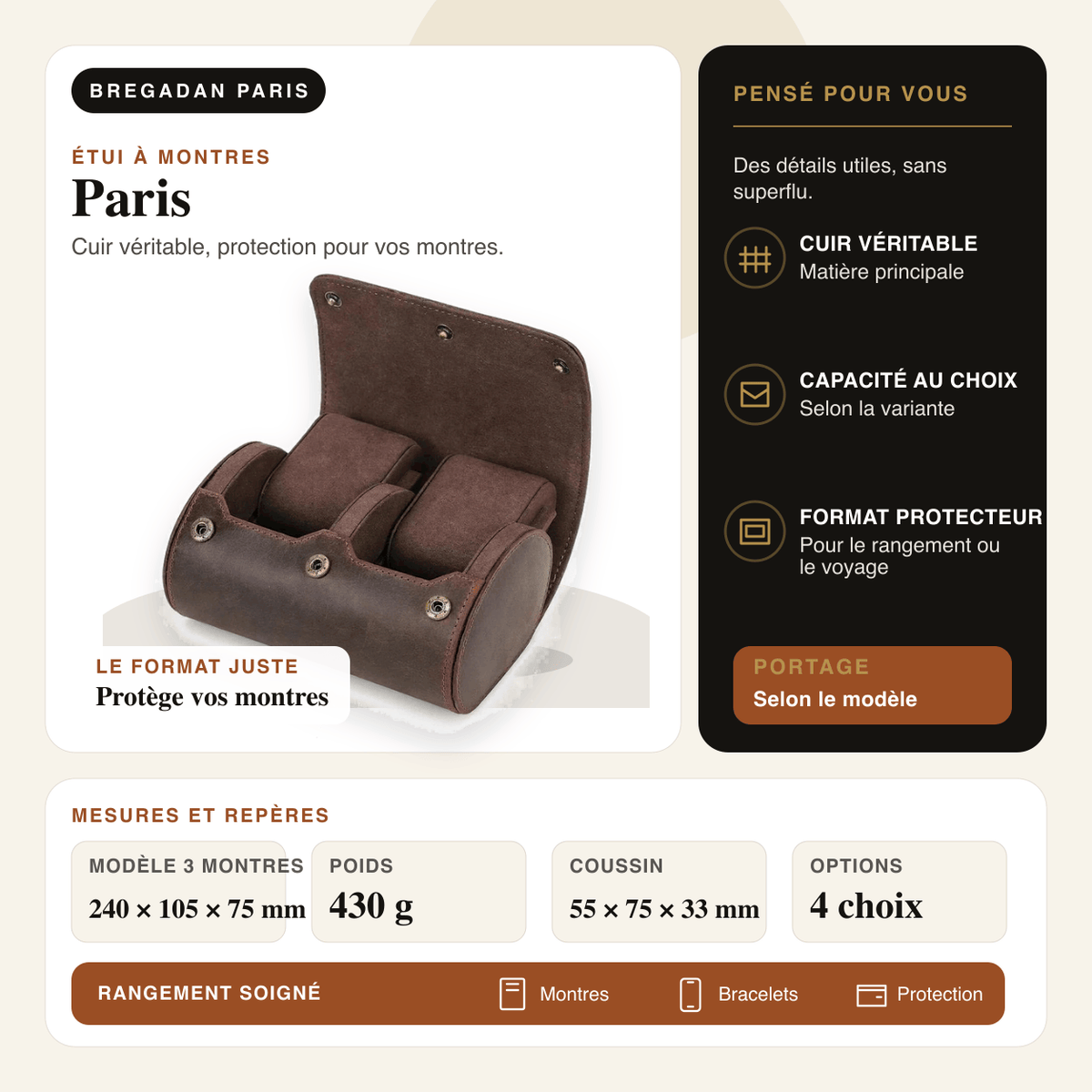 Paris — infographie Bregadan V3 : cuir véritable, protection pour vos montres, modèle 3 montres 240 × 105 × 75 mm