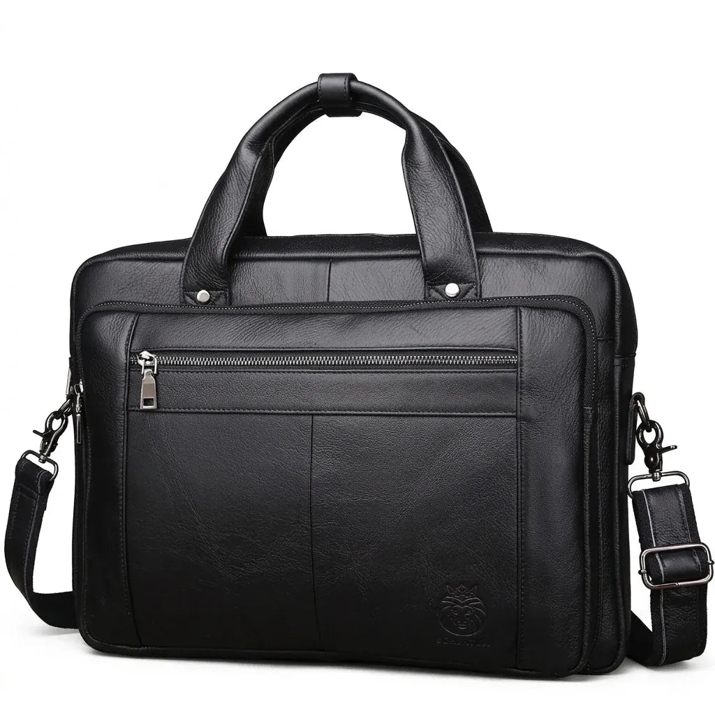 Pau - Porte-documents en cuir véritable, ordinateur 16 pouces - packshot sur fond blanc, coloris noir