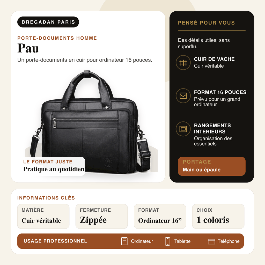 Pau — infographie Bregadan V3 : un porte-documents en cuir pour ordinateur 16 pouces, matière Cuir véritable