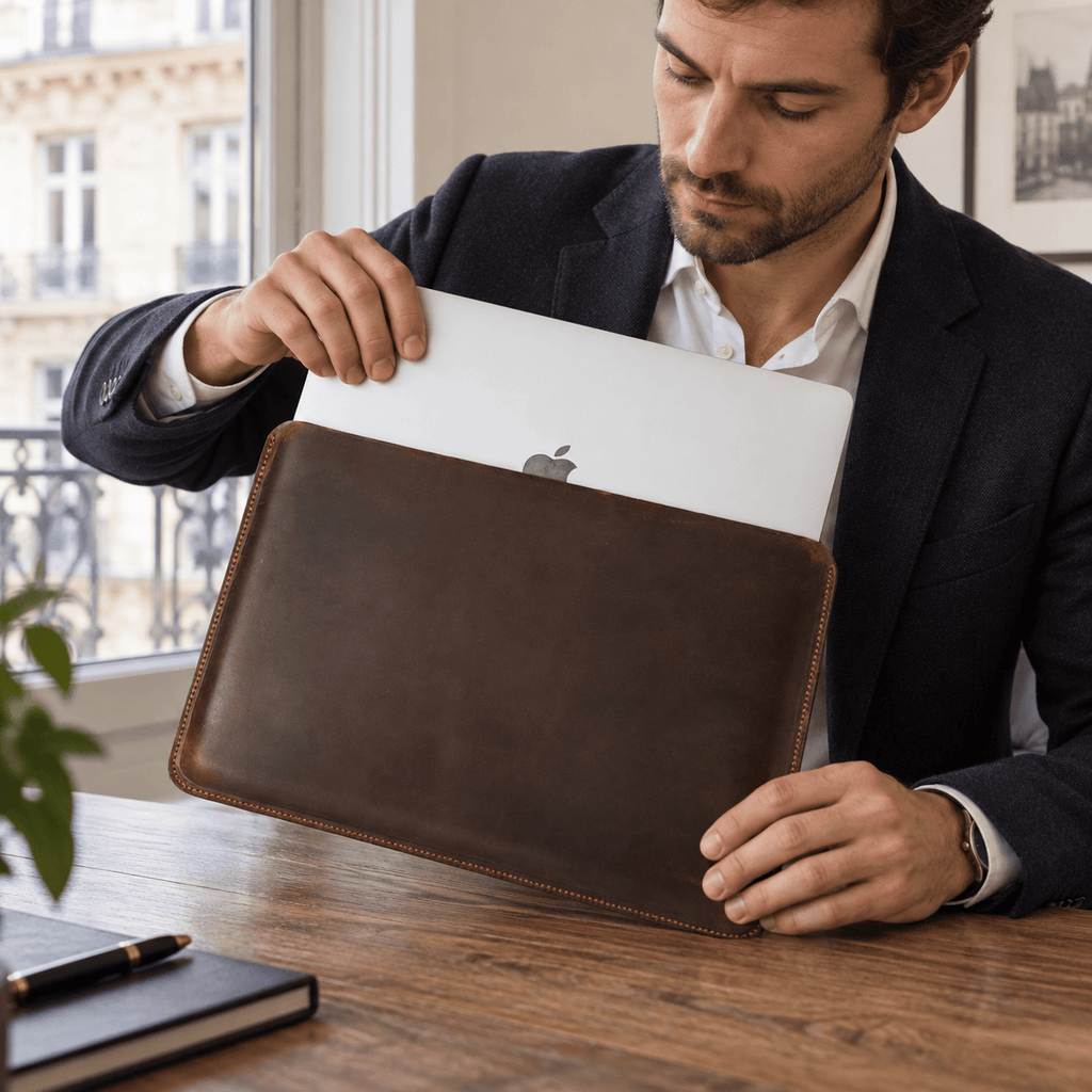Perpignan — housse MacBook en cuir café utilisée au quotidien