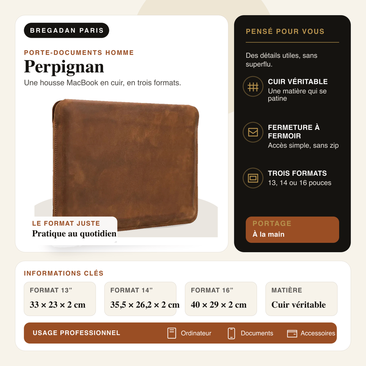 Perpignan — infographie Bregadan V3 : une housse macbook en cuir, en trois formats, format 13” 33 × 23 × 2 cm, format