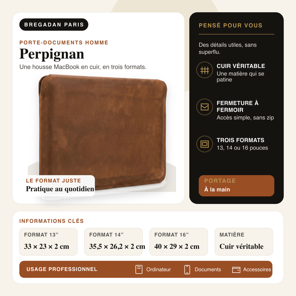 Perpignan — infographie Bregadan V3 : une housse macbook en cuir, en trois formats, format 13” 33 × 23 × 2 cm, format