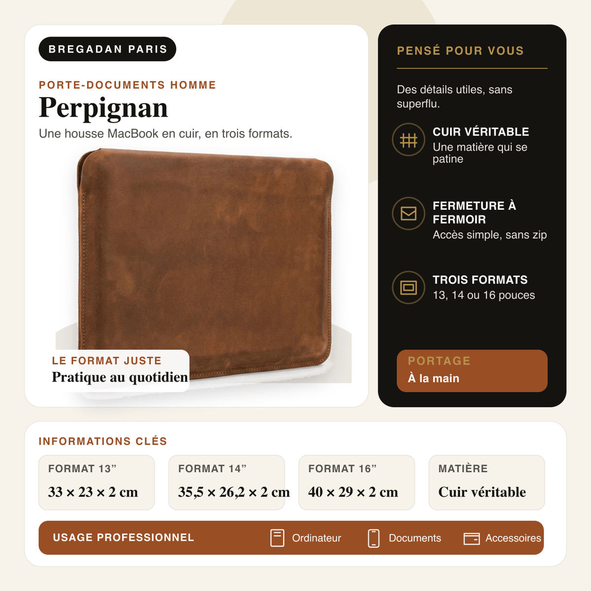 Perpignan — infographie Bregadan V3 : une housse macbook en cuir, en trois formats, format 13” 33 × 23 × 2 cm, format