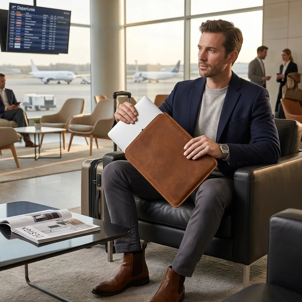 Perpignan - Housse MacBook en cuir véritable, 13 à 16 pouces - mise en situation, coloris brun cognac