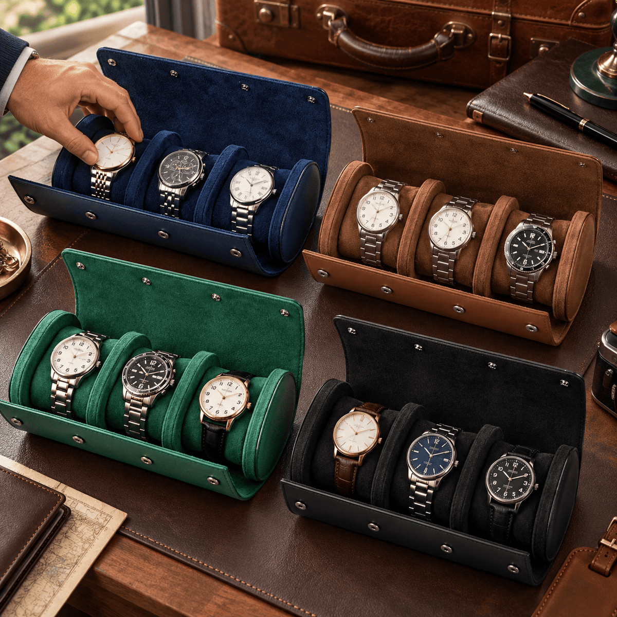 Pessac — Bleu, marron, vert et noir — rouleaux à montres en situation
