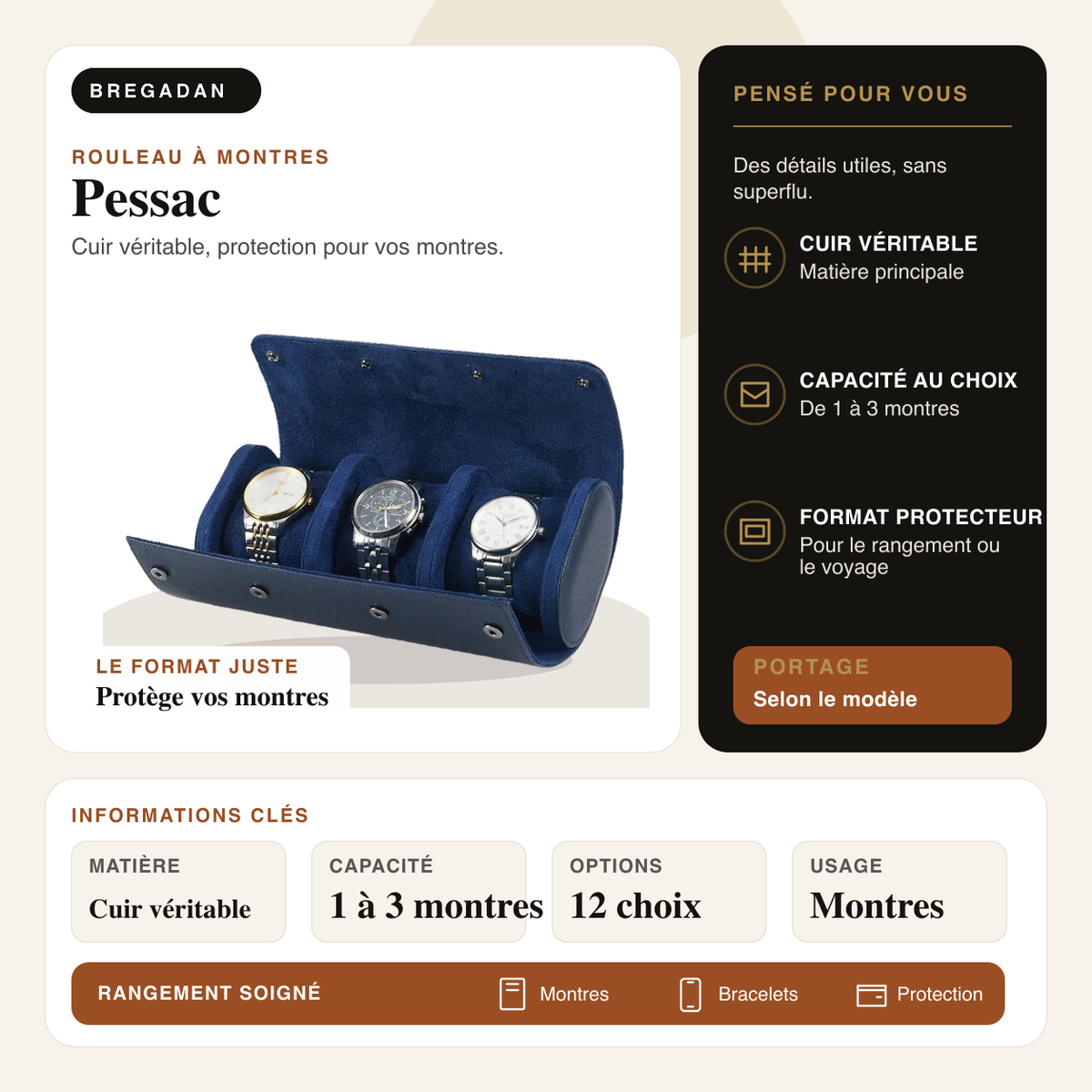 Pessac — infographie Bregadan V3 : cuir véritable, protection pour vos montres, matière Cuir véritable, capacité 1 à 3