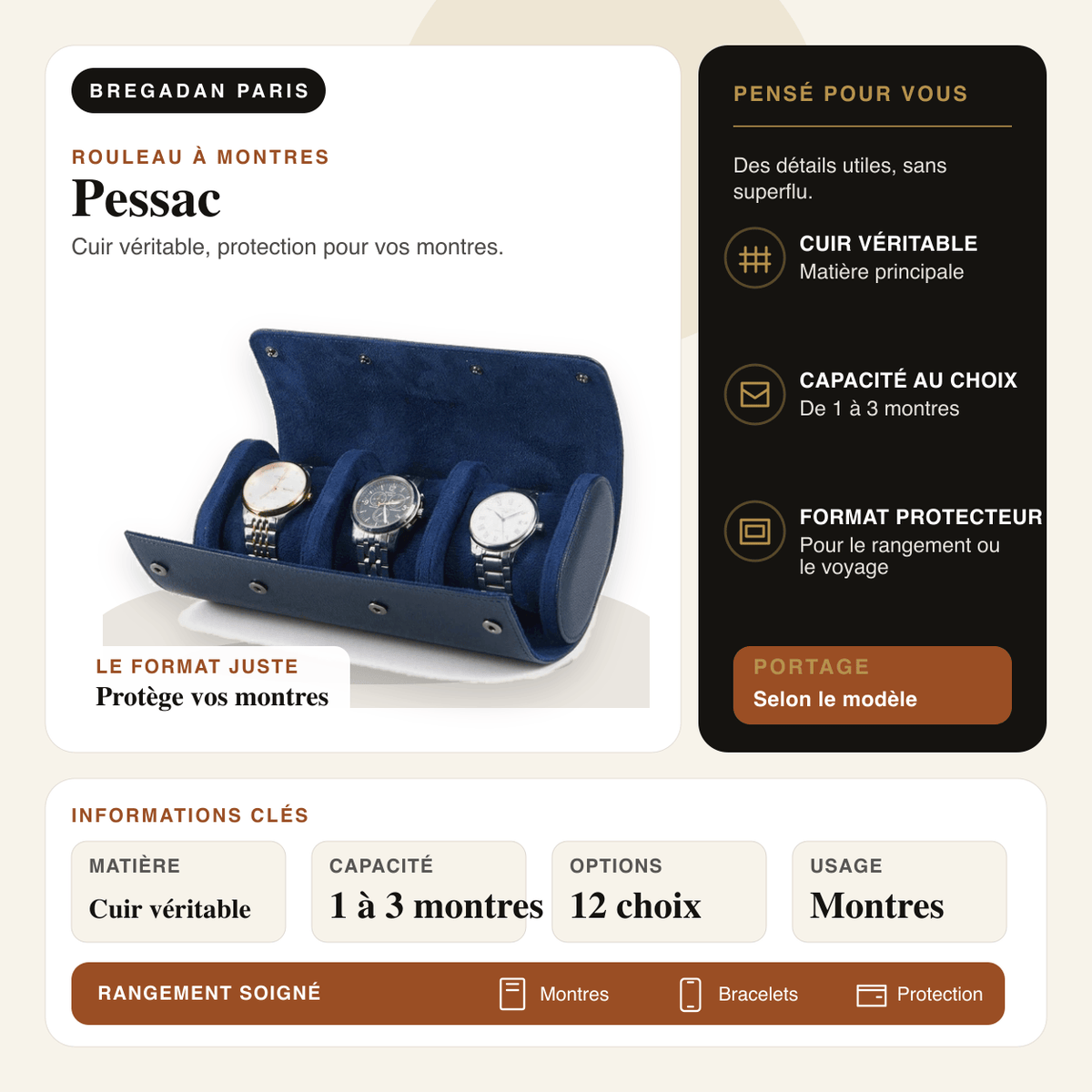 Pessac — infographie Bregadan V3 : cuir véritable, protection pour vos montres, matière Cuir véritable, capacité 1 à 3