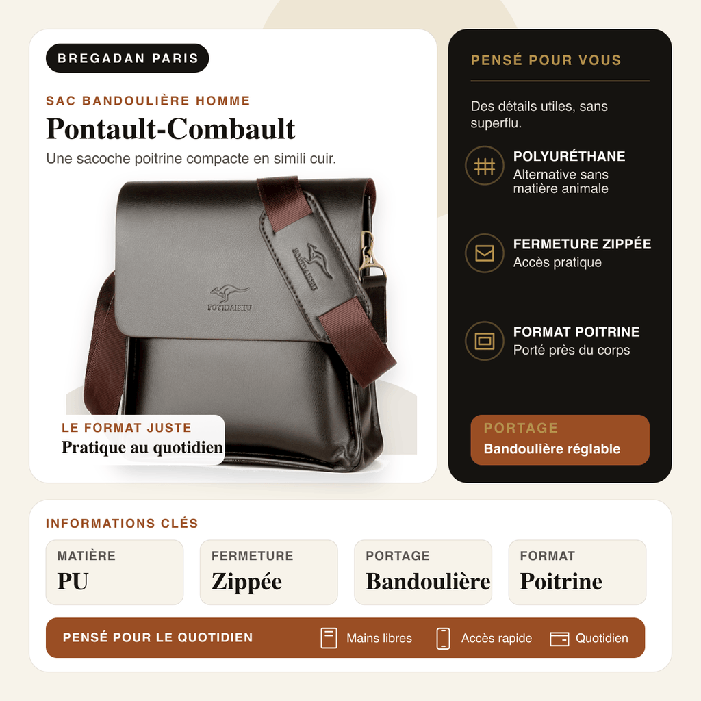 Pontault-Combault — infographie Bregadan V3 : Une sacoche poitrine compacte en simili cuir; matière PU, fermeture