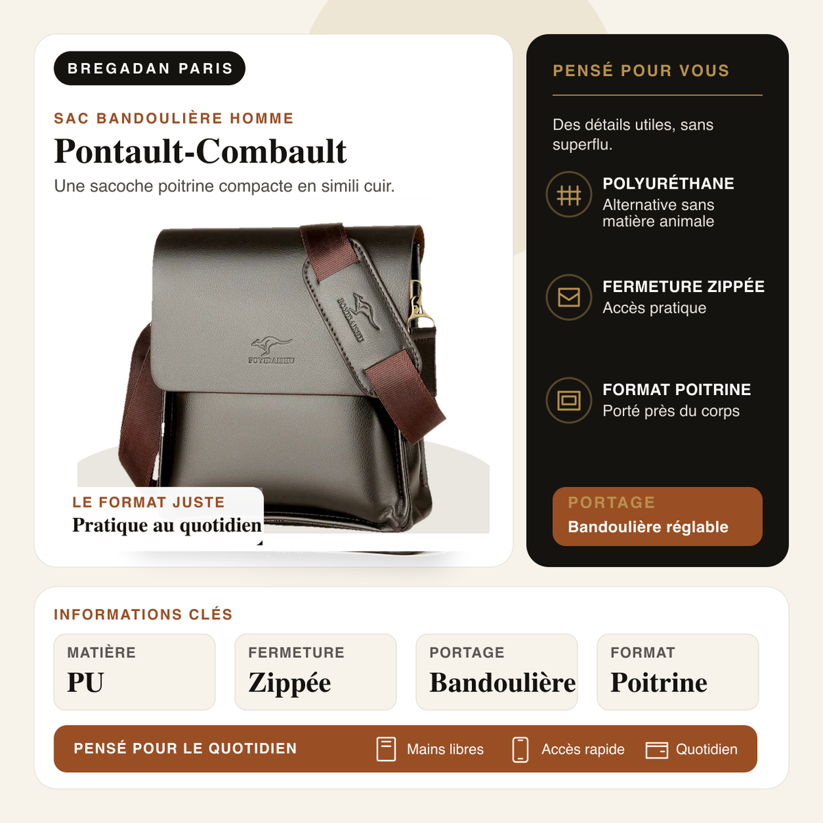 Pontault-Combault — infographie Bregadan V3 : Une sacoche poitrine compacte en simili cuir; matière PU, fermeture