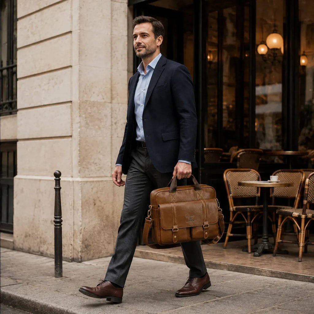 Porte-documents homme marron en cuir porté dans un quartier d’affaires