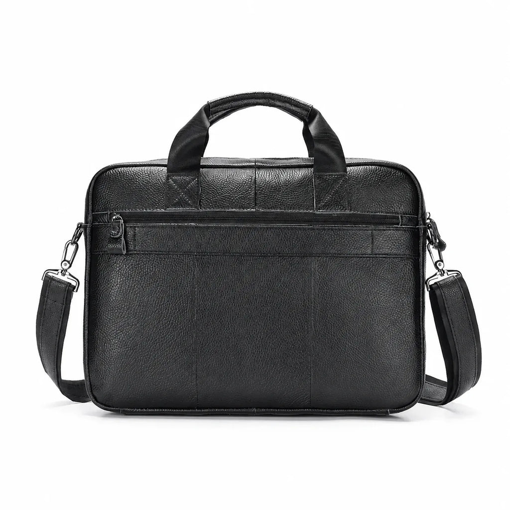 Porte-documents homme noir en cuir, vue arrière sur fond blanc