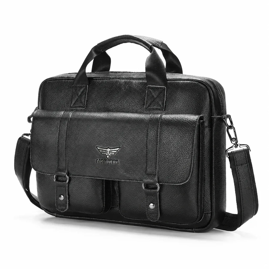 Porte-documents homme noir en cuir, vue trois quarts sur fond blanc