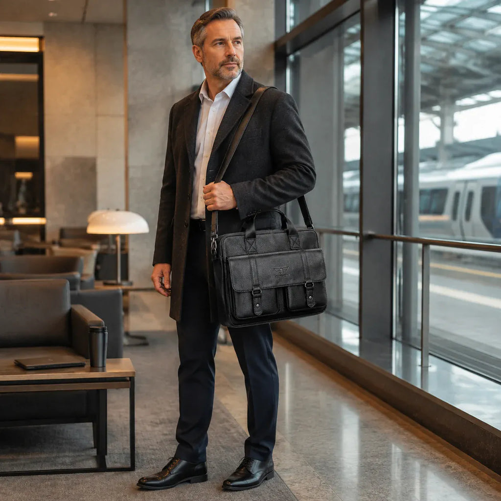 Porte-documents homme noir en cuir porté dans une gare