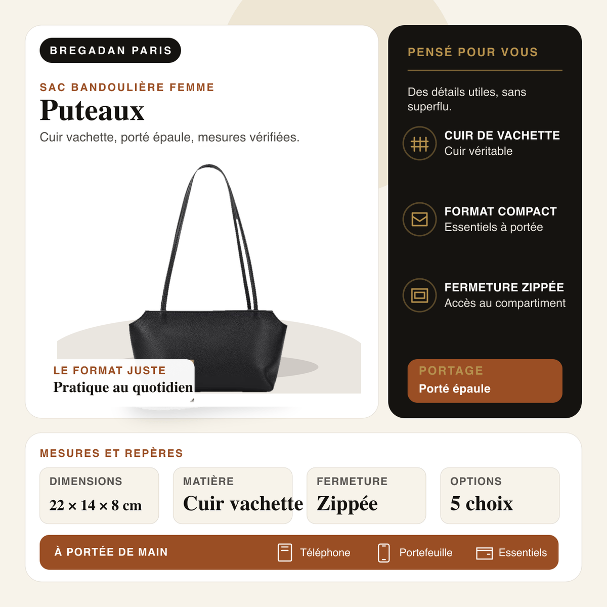 Puteaux — infographie Bregadan V3 : cuir vachette, porté épaule, dimensions 22 × 14 × 8cm