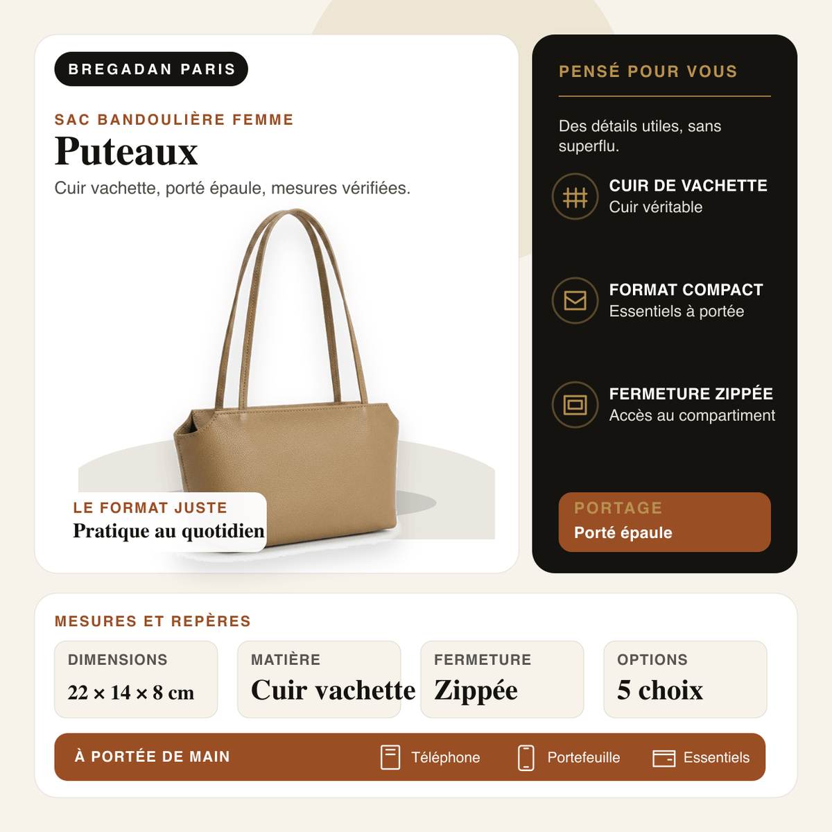 Puteaux — infographie Bregadan V3 : cuir vachette, porté épaule, dimensions 22 × 14 × 8cm