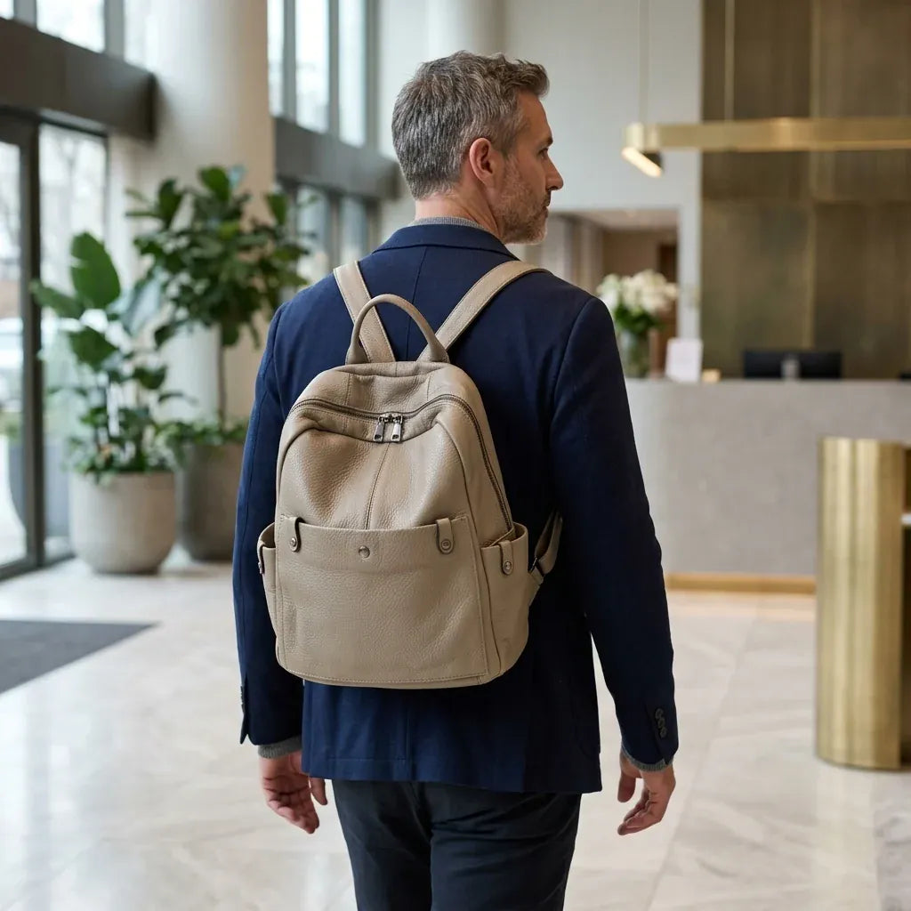 Quimper - Sac à dos en peau de vache souple, usage quotidien, mise en situation, coloris kaki
