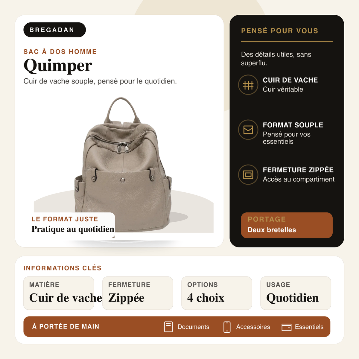 Quimper — infographie Bregadan V3 : sac à dos en cuir de vache souple, fermeture zippée, 4 options.