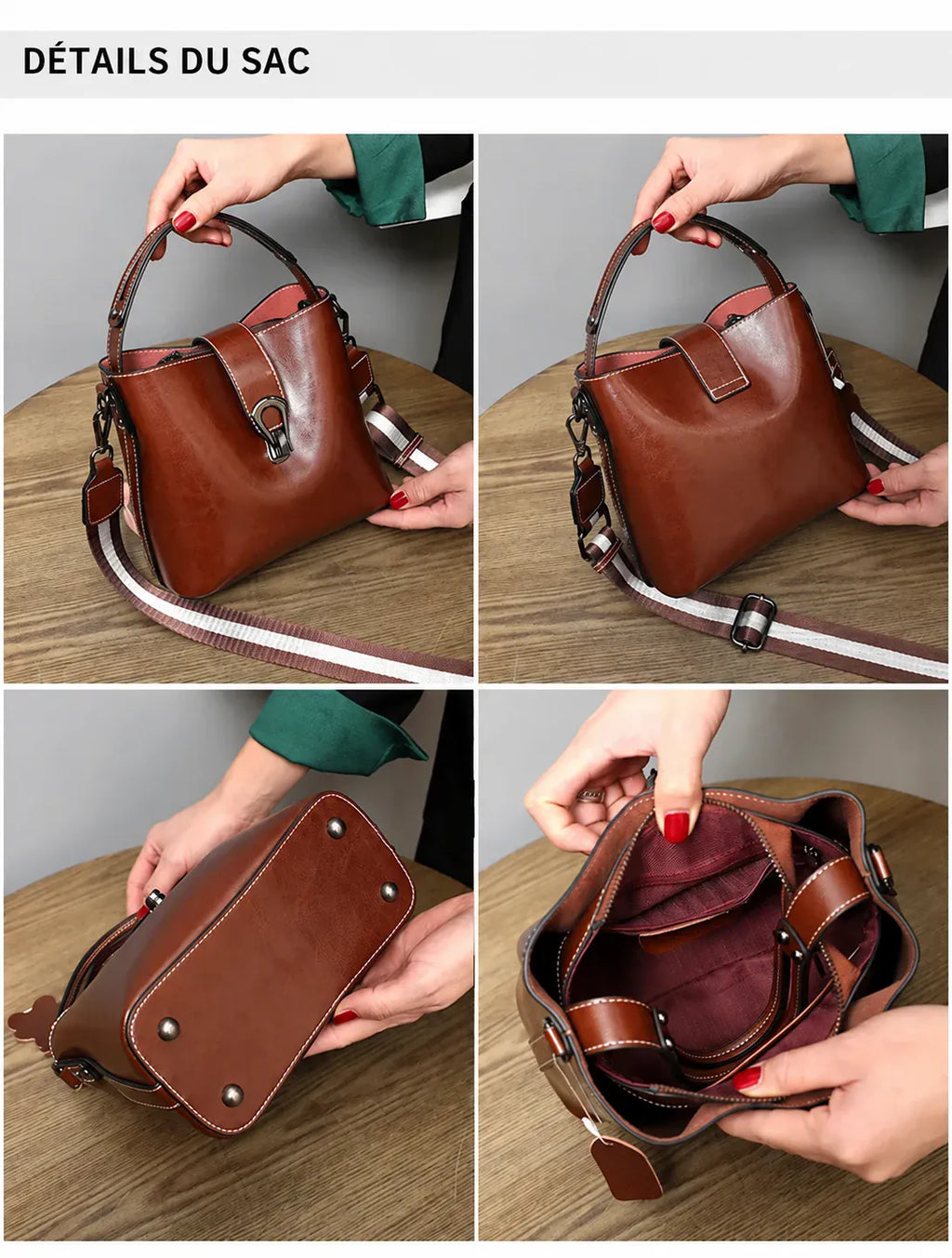 Rezé — détails du sac seau, anses, fond et intérieur