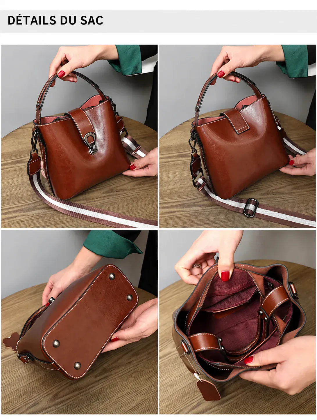 Rezé — détails du sac seau, anses, fond et intérieur