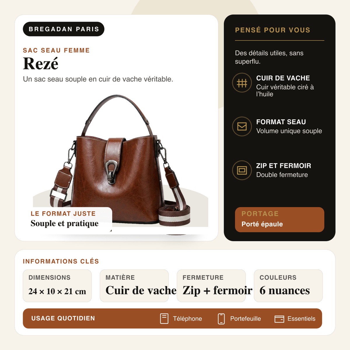 Rezé — infographie Bregadan V3 : sac seau en cuir véritable, dimensions 24 × 10 × 21 cm