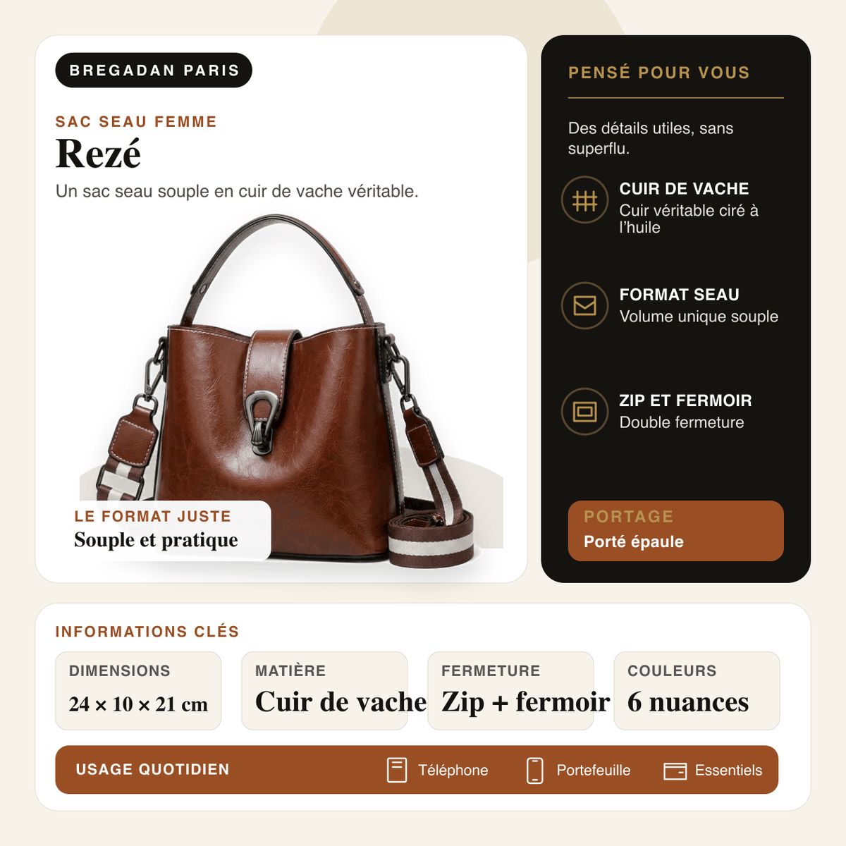 Rezé — infographie Bregadan V3 : sac seau en cuir véritable, dimensions 24 × 10 × 21 cm