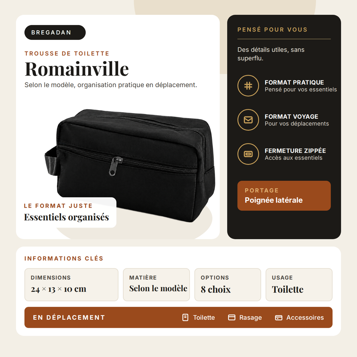 Romainville — infographie Bregadan V3 : trousse de toilette 24 × 13 × 10 cm, organisation pratique en déplacement, poignée latérale, 8 choix
