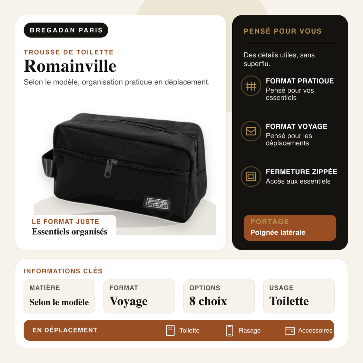 Romainville — infographie Bregadan V3 : selon le modèle, organisation pratique en déplacement, matière Selon le