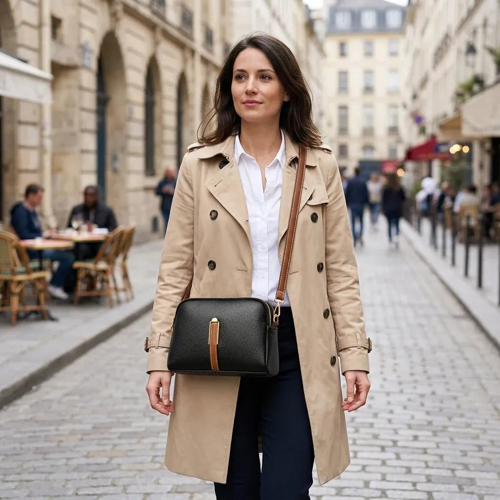 Rosny-sous-Bois - Sac bandoulière forme coquille, ligne urbaine - mise en situation, coloris noir et cognac
