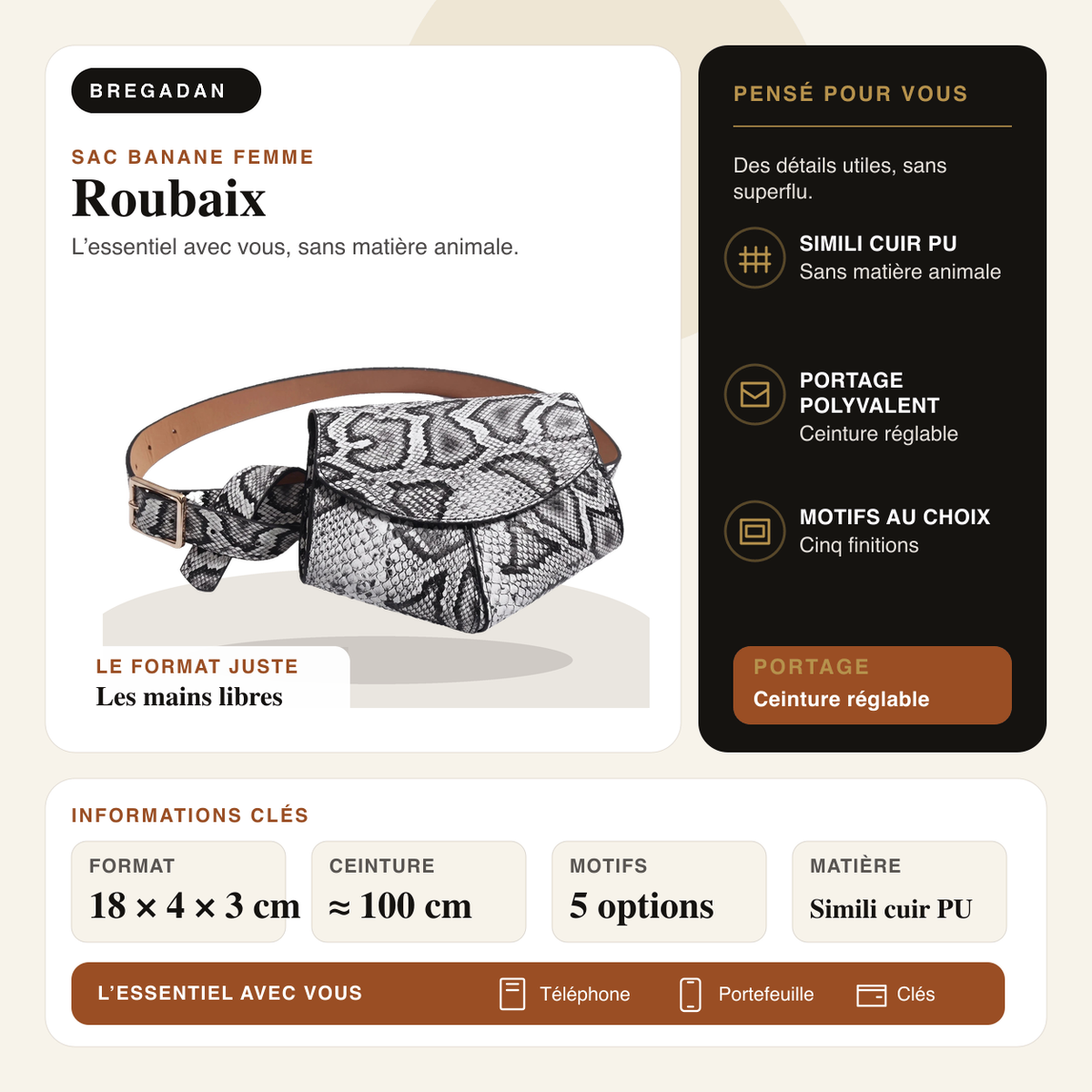 Roubaix — infographie Bregadan V3 : Simili cuir PU, Ceinture réglable