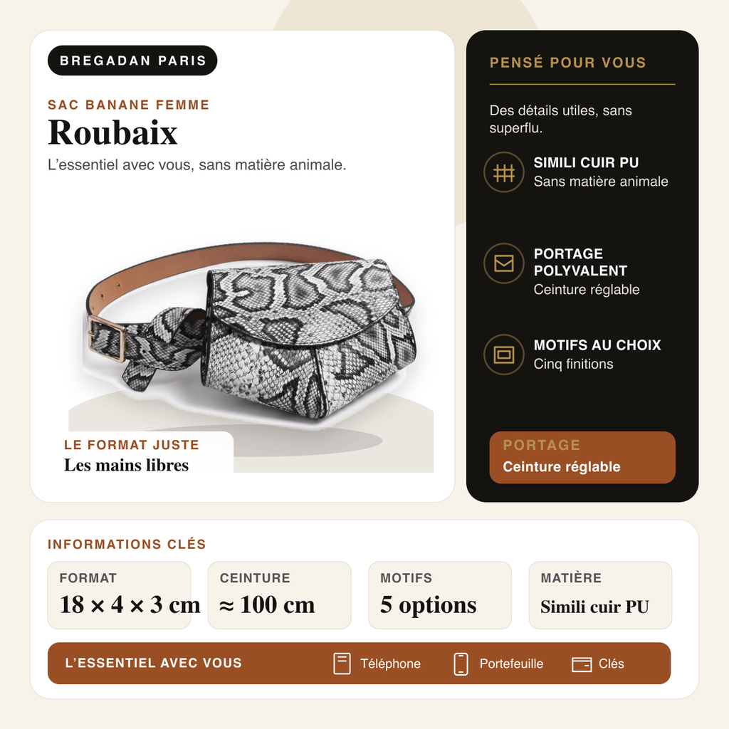 Roubaix — infographie Bregadan V3 : Simili cuir PU, Ceinture réglable
