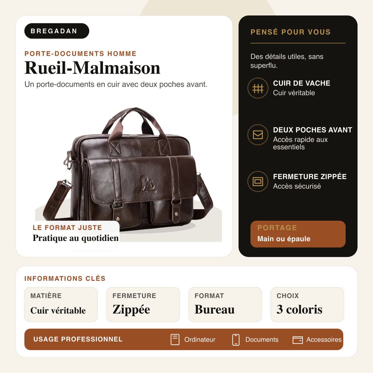 Rueil-Malmaison — infographie Bregadan V3 : un porte-documents en cuir avec deux poches avant, matière Cuir véritable