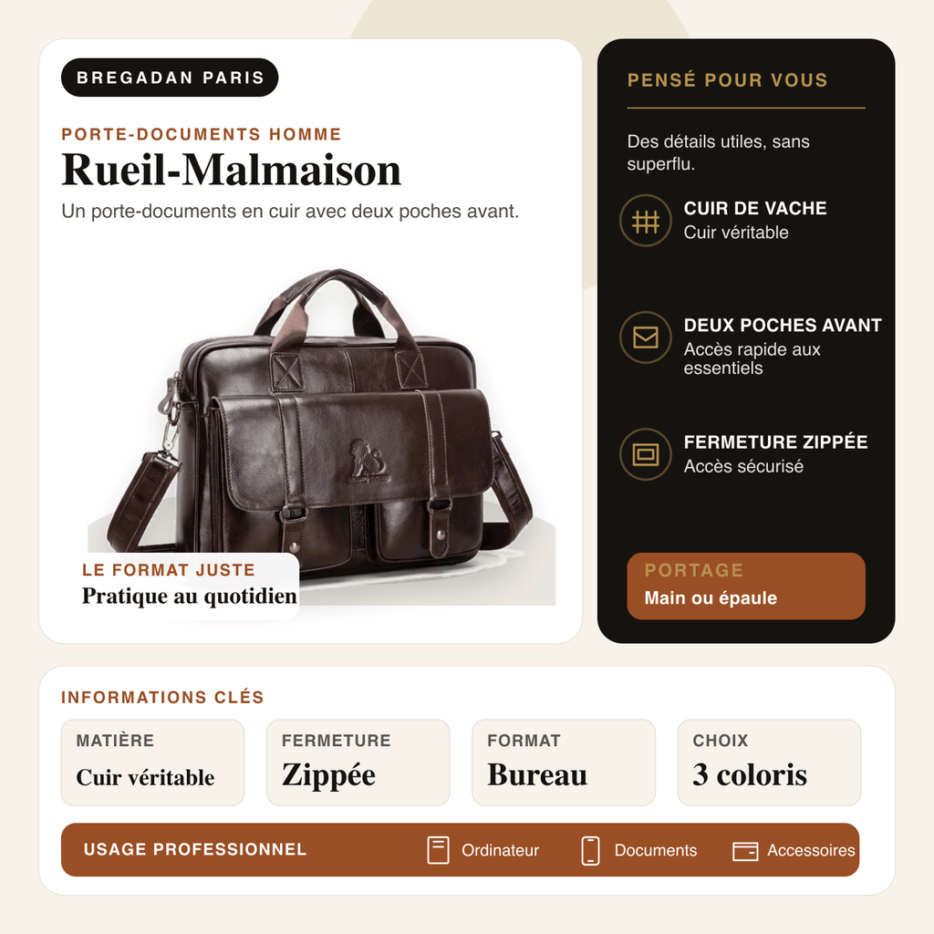 Rueil-Malmaison — infographie Bregadan V3 : un porte-documents en cuir avec deux poches avant, matière Cuir véritable