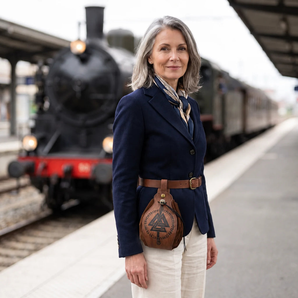 Les Sables-d'Olonne — motif triangles entourés de runes, pochette portée à la ceinture