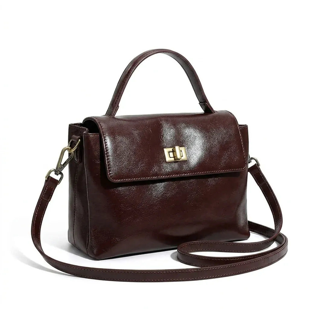 Saint-André - Sac à main en cuir ciré, poignée supérieure - packshot sur fond blanc, coloris brun foncé