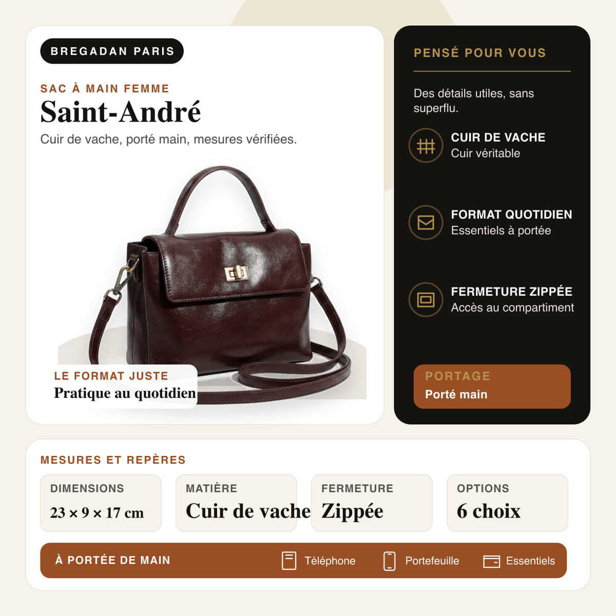 Saint-André — infographie Bregadan V3 : cuir de vache, porté main, dimensions 23 × 9 × 17cm