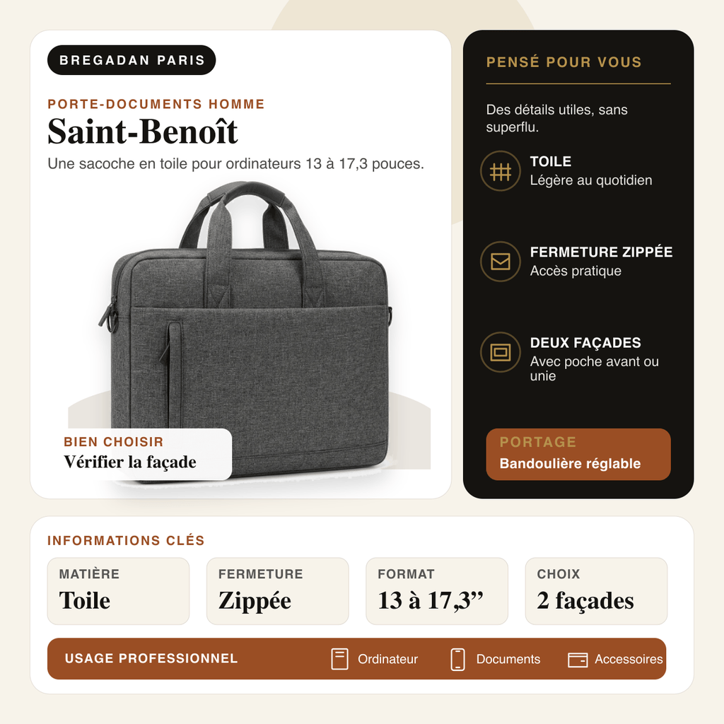 Saint-Benoît — infographie Bregadan V3 : une sacoche en toile pour ordinateurs 13 à 17,3 pouces, matière Toile