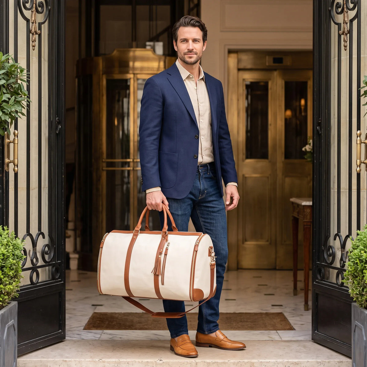 Saint-Brieuc - sac de voyage beige porté par un homme à l'hôtel