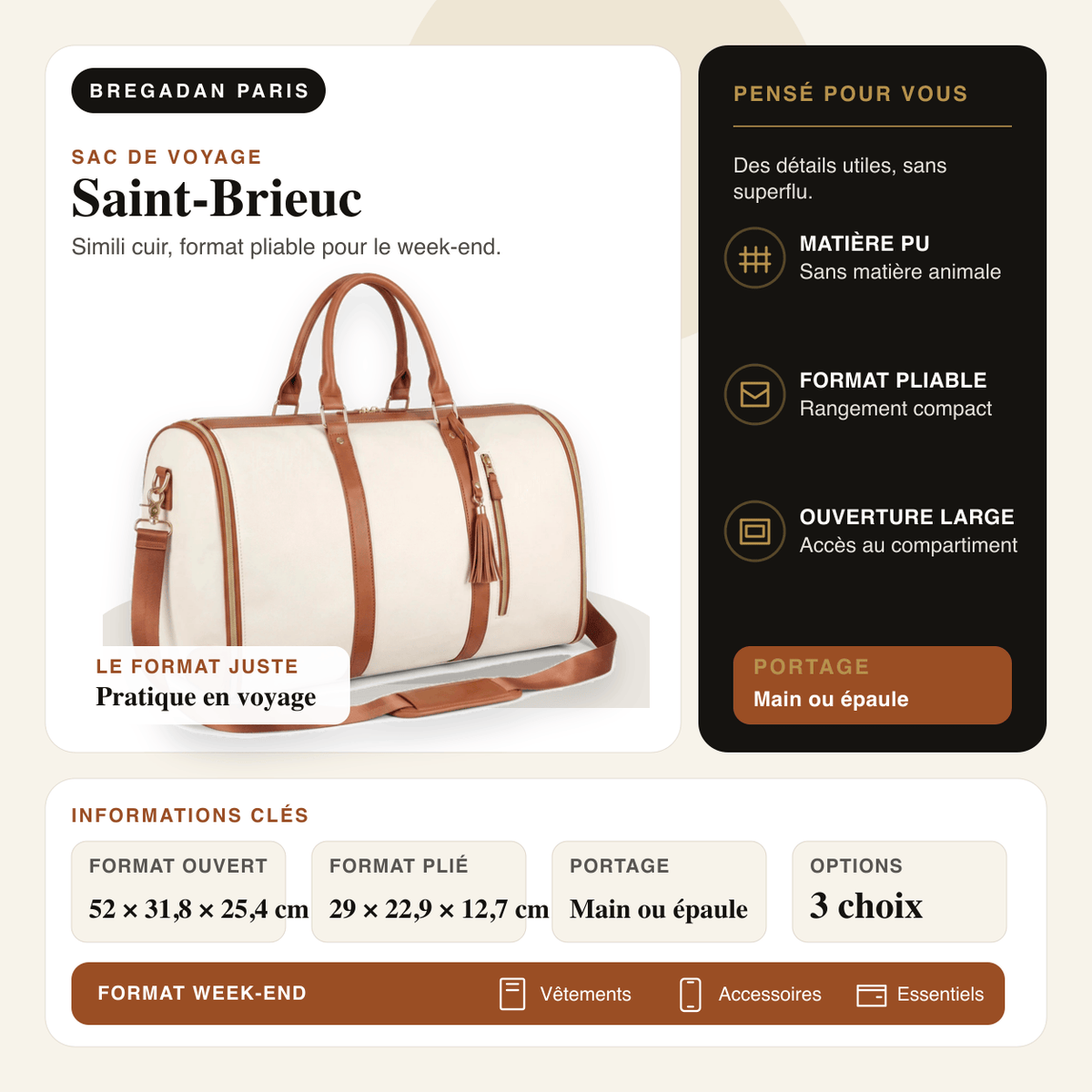 Saint-Brieuc — infographie Bregadan V3 : sac de voyage pliable en matière PU, dimensions 52 × 31,8 × 25,4 cm et plié