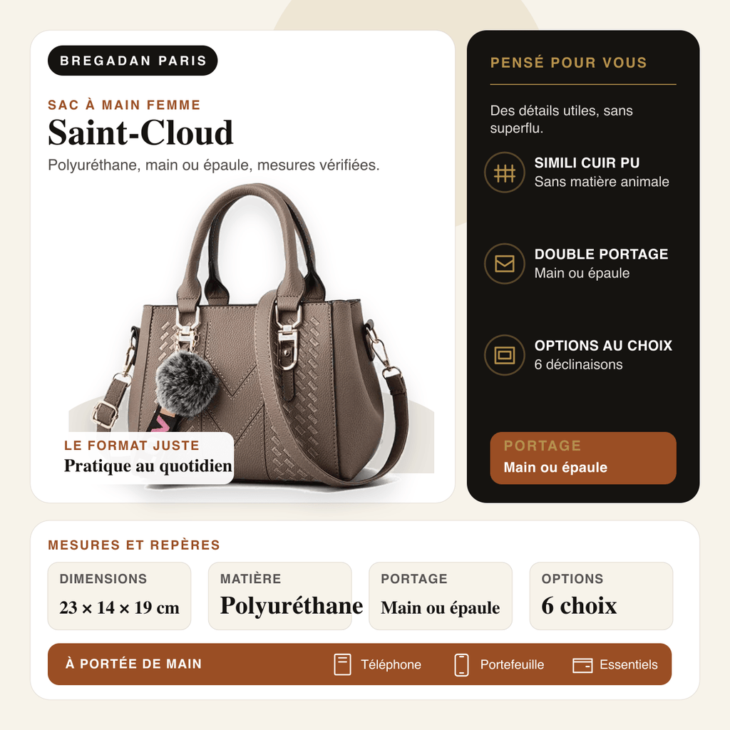Saint-Cloud — infographie Bregadan V3 : polyuréthane, main ou épaule, dimensions 23 × 14 × 19cm