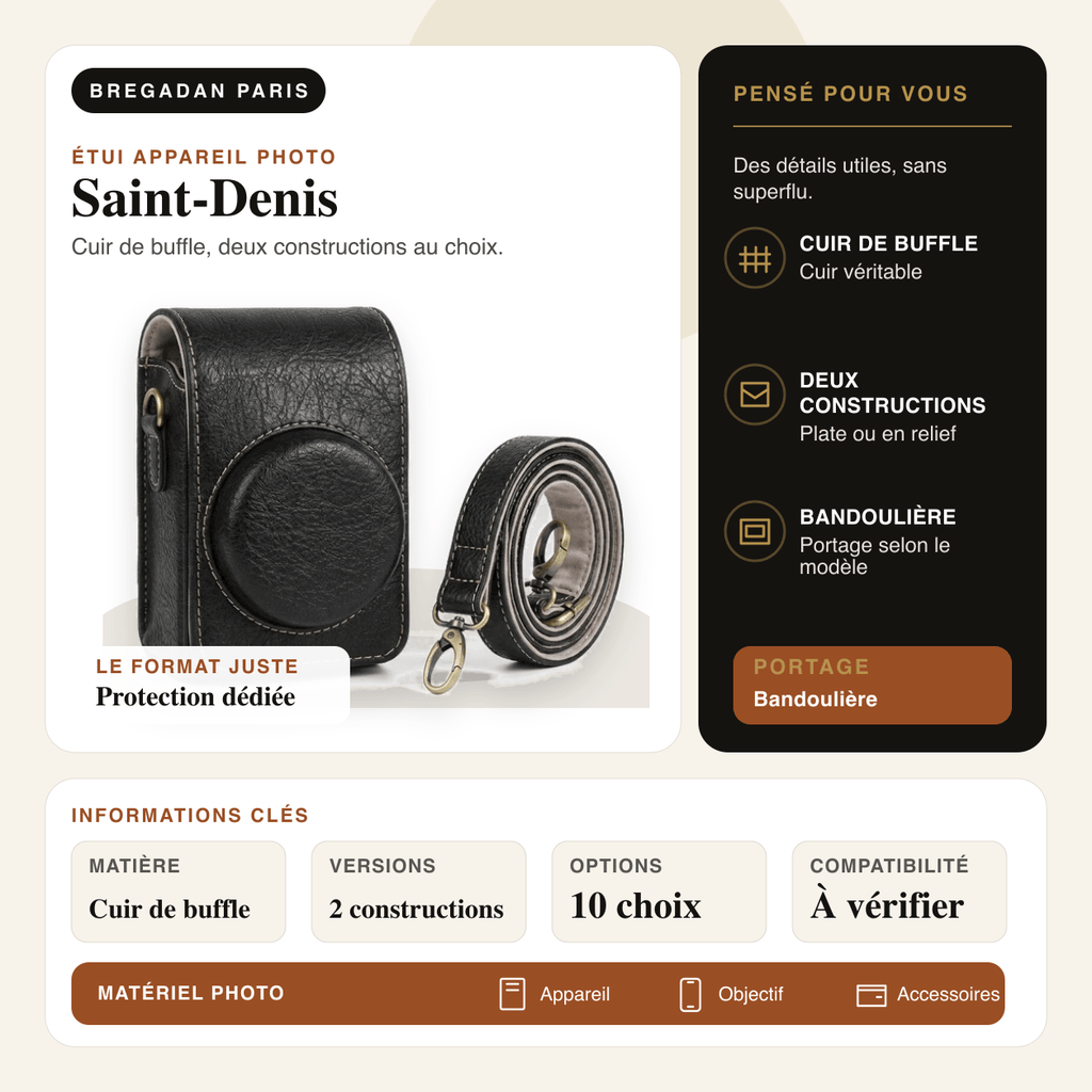 Saint-Denis — infographie Bregadan V3 : cuir de buffle, deux constructions au choix, matière Cuir de buffle, versions