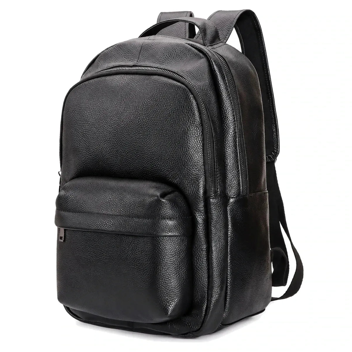 Saint-Étienne — sac à dos noir en cuir de vachette, vue de face sur fond blanc