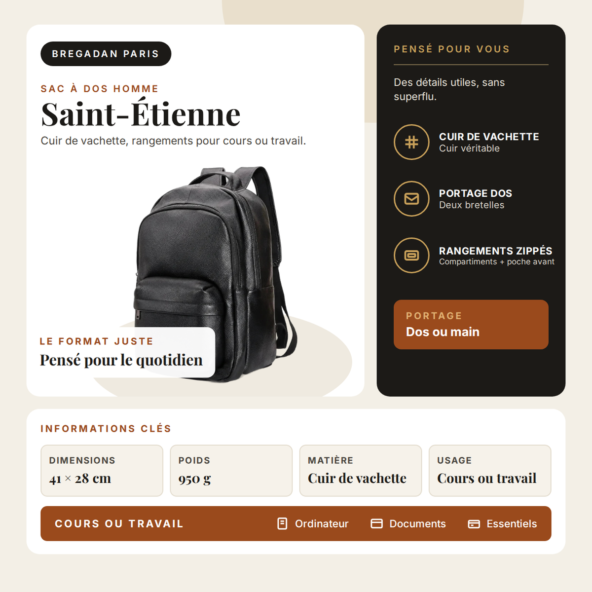 Saint-Étienne — infographie Bregadan V3 : sac à dos en cuir de vachette, 41 × 28 cm, 950 g, rangements zippés pour cours ou travail