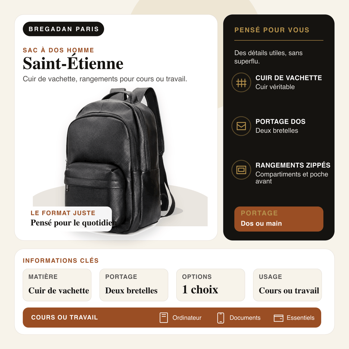 Saint-Étienne — infographie Bregadan V3 : cuir de vachette, rangements pour cours ou travail, matière Cuir de
