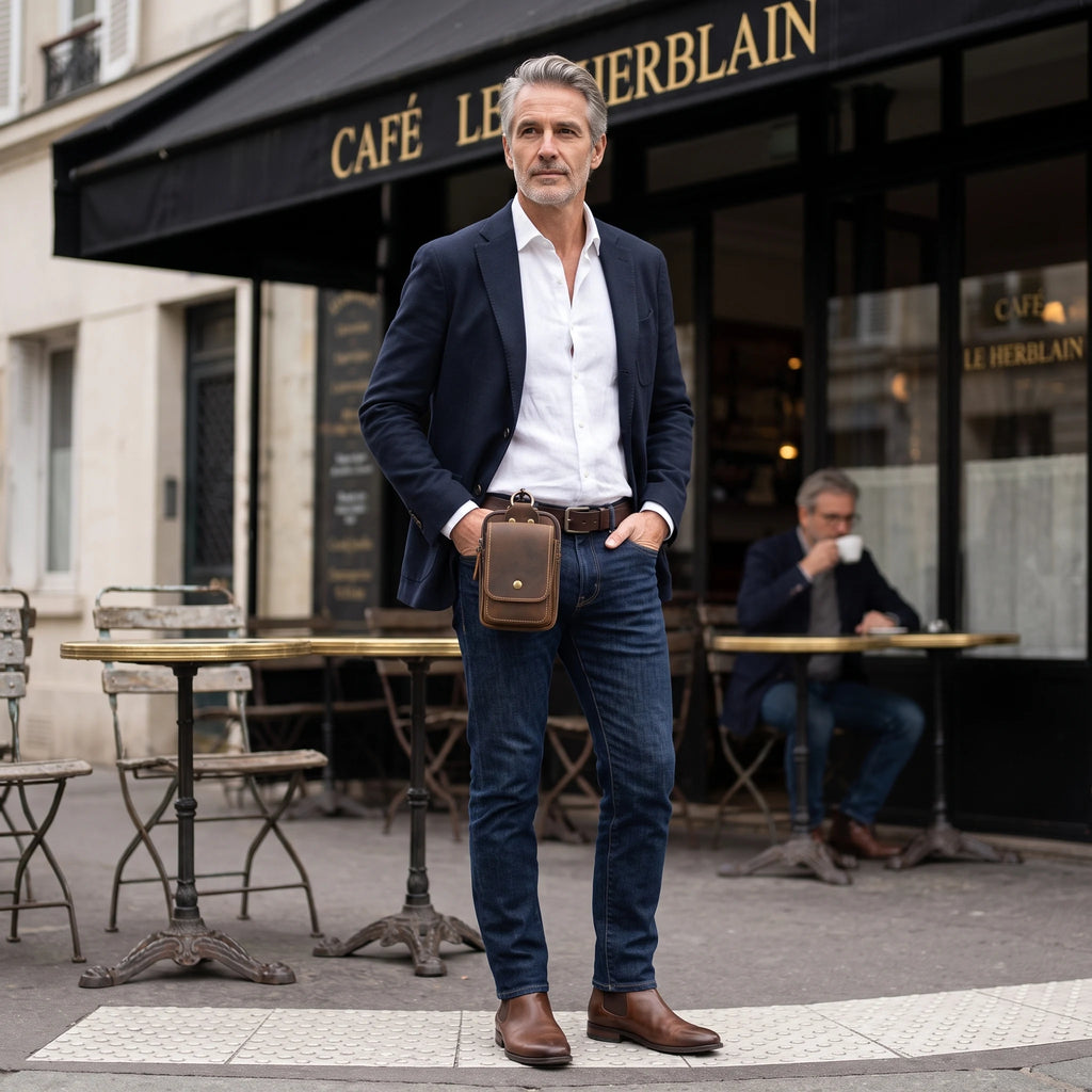Saint-Herblain - sac banane brun porté par un homme devant un café